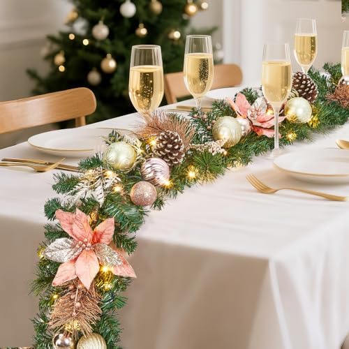 Garvee 9 ft Christmas Garland with Lights for Mantle, Rose Gold - Image 3