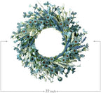 22 Inch Spring Wreath Blue with Green Leaves Wreaths Blue Daisy Artificial Grains White Flower Wreath for Front Door Wreaths, Summer Farmhouse Decor Indoor&Outdoor Wedding Wall Home - Image 2