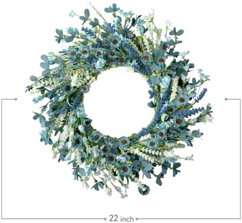 22 Inch Spring Wreath Blue with Green Leaves Wreaths Blue Daisy Artificial Grains White Flower Wreath for Front Door Wreaths, Summer Farmhouse Decor Indoor&Outdoor Wedding Wall Home - Image 2