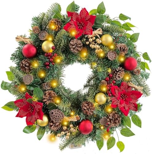 WANNA-CUL Pre-Lit 24 Inch Red Gold Christmas Wreath for Front Door by WANNA-CUL