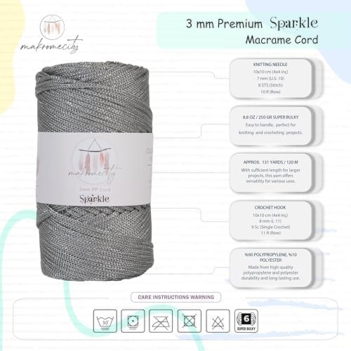 Makromecity Sparkle 2 Skeins of Polypropylene Macrame Cord 3mm x 131 Yards (394 feet) Premium Polyester Macrame Cord for Macrame Art & Crafts for Wall Hangings, Bags, Underplate, Rug - Image 3