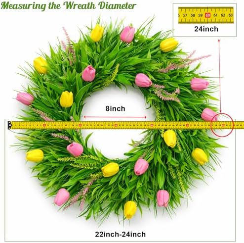 Spring Wreaths for Front Door, 24 Inch Artificial Tulip Wreath with Pink Yellow Lavender and Greenery, All Season Floral Wreath for Home Farmhouse Wall Indoor Outdoor Festival Decor - Image 2