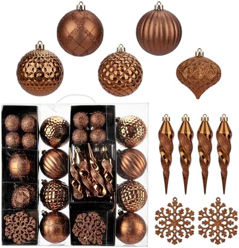 50PCS Christmas Tree Ornaments Set with Shatterproof Christmas Balls Icicle Snowflake Hanging Ornaments for Home Office Farmhouse Christmas Decorations, Bronze by Arborus