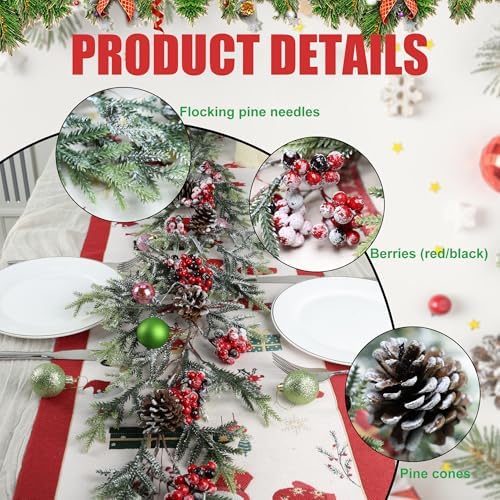 OZFHUA 6 FT Christmas Garland with Lights - Pre-Lit Artificial Christmas Garland, Flocked Garland with Red Berries Pine Cones for Decoration, Mantle Stairs Railing Home Xmas Decoration Indoor - Image 5