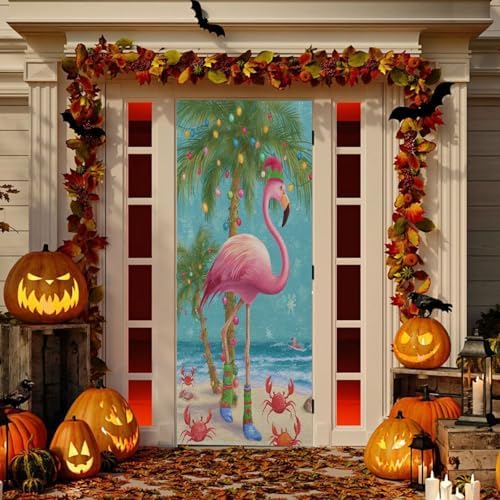 Pfrewn Christmas Decorations Door Cover Christmas Tropical Flamingo Palm Tree Crab Front Door Backdrop Banner Winter Holiday Garage Door Sign for Home Indoor Outdoor Party Supplies 36x98 in - Image 5