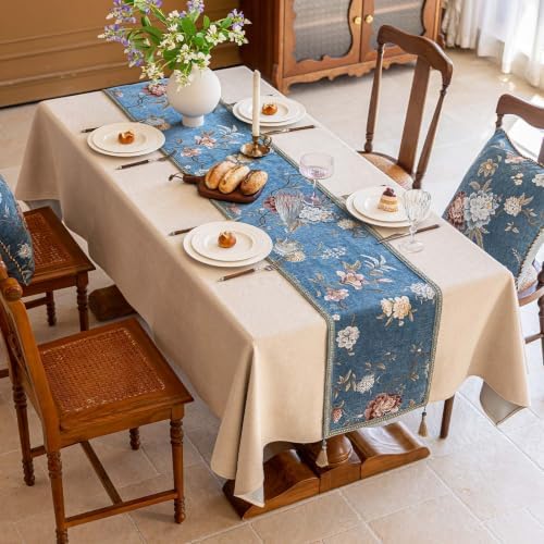 Floral Embroidered Table Runner 108 Inches Non-Slip Tassels, Dusty Blue - Image 6
