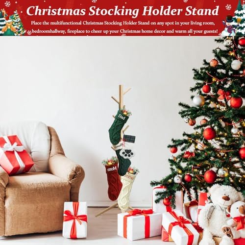 Christmas Stocking Holder Stand, Wooden Christmas Hangers Stand for Hanging Christmas Stocking, 8 Hooks Natural - Image 3