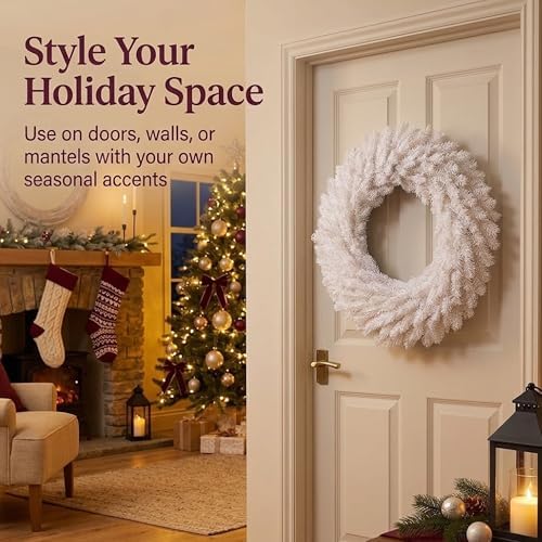 Perfect Holiday Canadian Pine Artificial Christmas Wreath 24 Inch Unlit White, Front Door Wreath for Home Decor, Entryway Accent, Christmas Decorations, Wall Decorations, Living Room Decor | White - Image 5