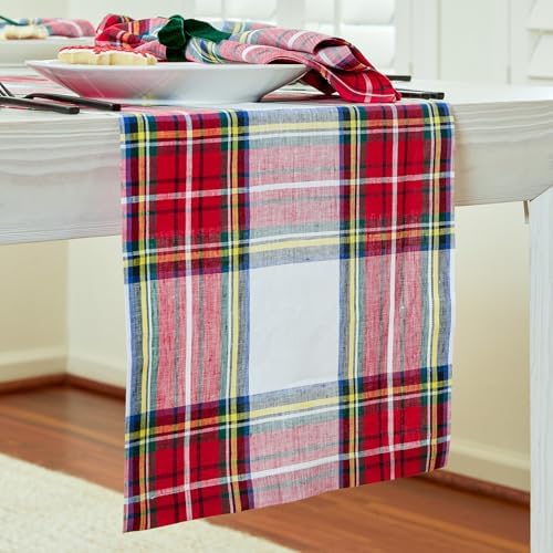 Solino Home 100% Pure Linen Table Runner White, Stewart Plaid 14 x 132 in - Image 2
