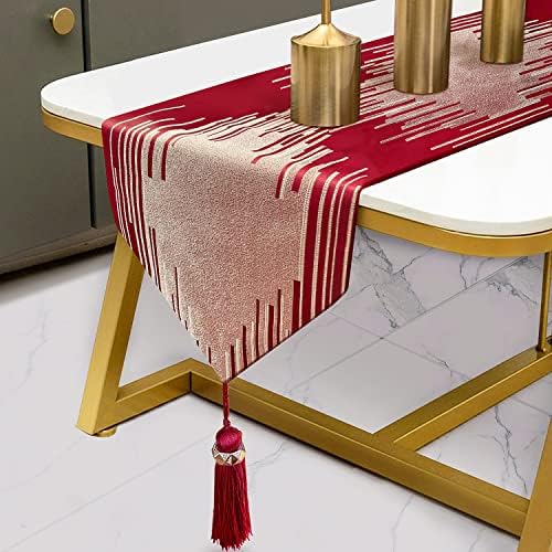Luxury Red Gold Table Runner 120 Inch Extra Long, Abstract Geometric by Fullony