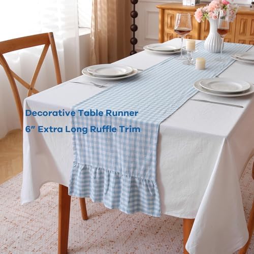 Light Blue White Plaid Gingham Ruffle Table Runner Cabinet Cover 13"x120" - Image 3