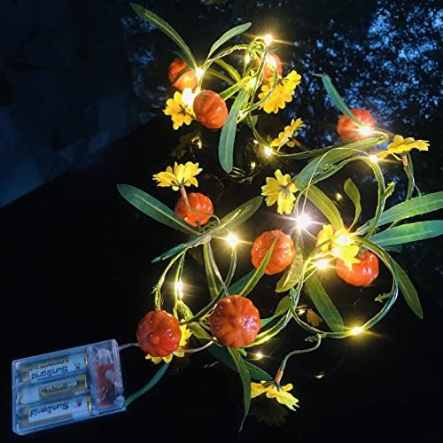 Artificial Pumpkin Plant Vine Faux Pumpkin and Yellow Flowers Ivy Green Leaves Garland with 2M 20 LED Coper Wire String Light Wedding Birthday Indoor Decor Fairy Light (Pumpkin, 4) by Sezrgiu
