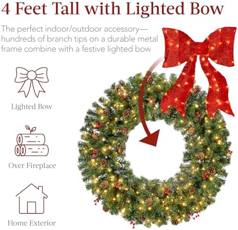Best Choice Products 48in Pre-Lit Christmas Wreath w/Berries & Pinecones, Large Artificial Indoor/Outdoor Decor for Door, Mantel w/Red Bow, Plug-in - Image 4