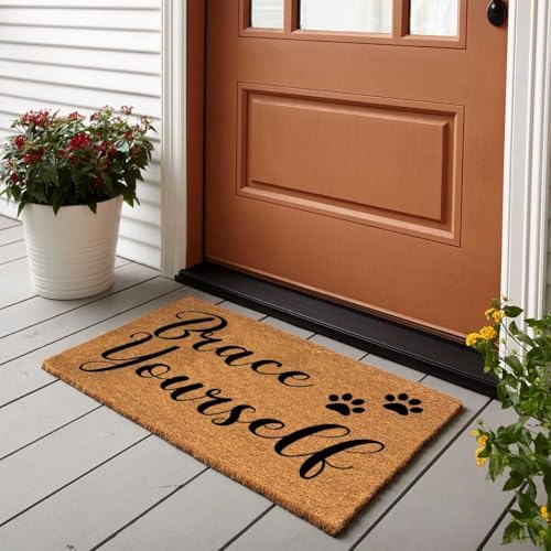 Funny Coir Doormat Brace Yourself Welcome Front Porch Decor Mat for The Entrance Way Outside Personalized Rug with Heavy-Duty Non Slip Outdoor Coconut Doormats Pets Lover Gift 23.6 x 15.7inch - Image 2
