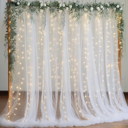 10x8ft White Backdrop Curtain with Lights String for Parites, Sheer Photo Backdrop Tulle Curtains for Wedding Baby Shower Birthday Party Photo Shoot Decorations by Partisky