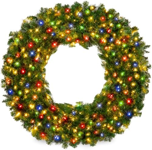 Best Choice Products 36in Large Artificial Pre-Lit Fir Christmas Wreath Holiday Accent Decoration w/ 150 Multicolor Lights, 300 PVC Tips by BestChoiceProducts