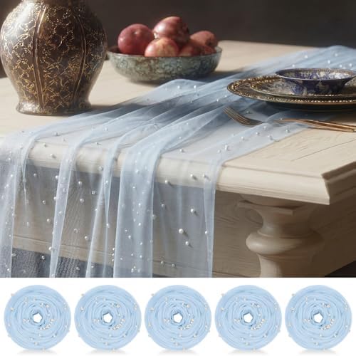 Light Blue 10 Pcs Pearl Gauze Table Runner 120 Inch 10ft Pearl Sheer Tulle Table Cloth Centerpieces for Home Wedding Birthday Bridal Baby Shower Party Favor Holiday Dining Decorations by Unknown