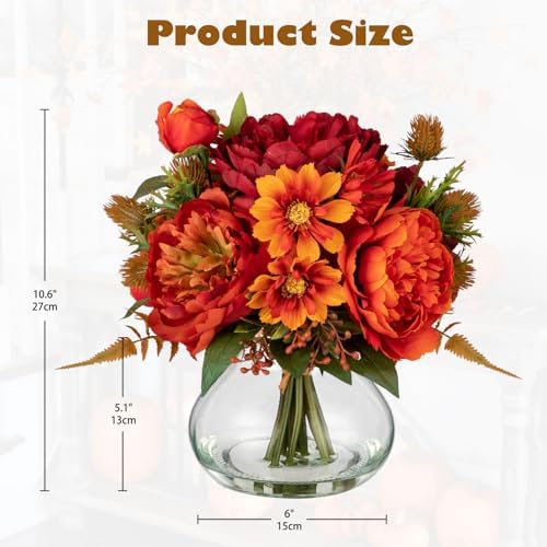 Fake Peony Flowers in Vase Fall Table Centerpiece Faux Floral Arrangement in Vase Autumn Artificial Flowres for Tables Orange Silk Flowers Arrangement - Image 5