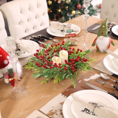 SHACOS Artificial Christmas Wreath 14" Set of 2 Small Winter Wreaths Pine Red Berries Xmas Decoration for Home Window Kitchen Cabinet Door Holiday Wreath, Red Green - Image 4
