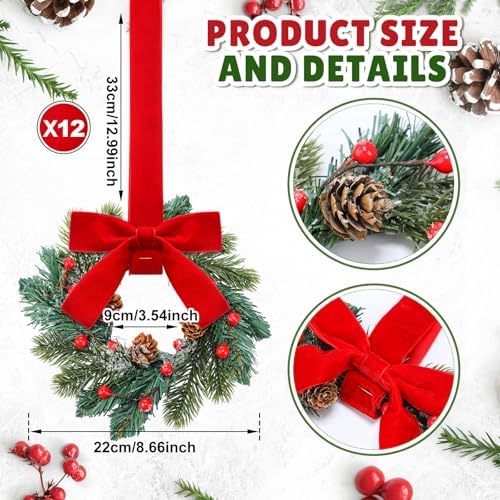 Knitgrip 12 Pcs Mini Christmas Kitchen Wreath with Red Bow Pine Cone Decor - Image 2