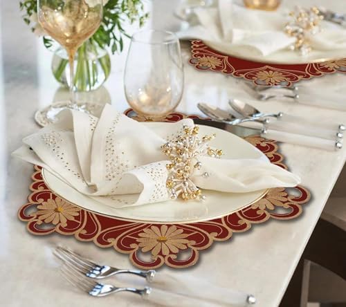 Decozen Set of 8 Doilies for Table, Lace Doilies - Rustic, Crochet, Farmhouse, Kitchen, Dining Table Centerpiece Decor - Round Christmas Placemats - 15 Inch Gold Red, The Imperial Collection - Image 2