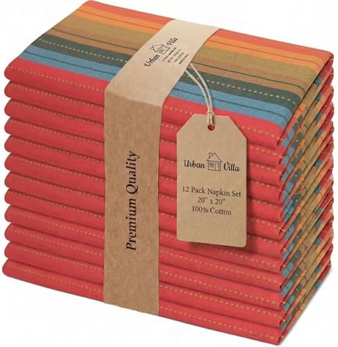 Urban Villa Cloth Napkins Cotton 20x20 (Set of 12) Red Stripes by CottonTrends