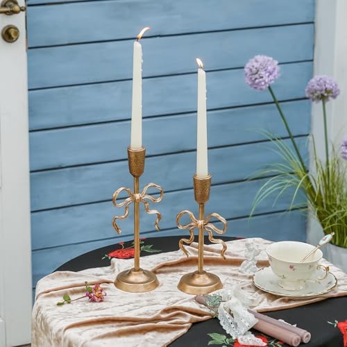 NIKKY HOME Gold Bow Iron Taper Candle Holders Set of 2, Vintage Candlestick - Image 2