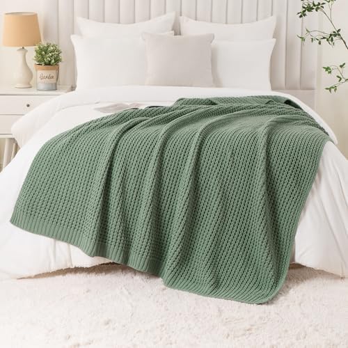 Sage Green Waffle Knit Throw Blanket for Couch, Chenille Blanket 60x80 in - Image 5
