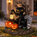 Solar Halloween Black Cat Figurine Light, Lighted Resin Cat Statue with Lantern and Pumpkin, Outdoor Garden Decor for Porch, Yard and Patio, Seasonal Landscape Decoration by HalpssfmGardenDecor-Gift
