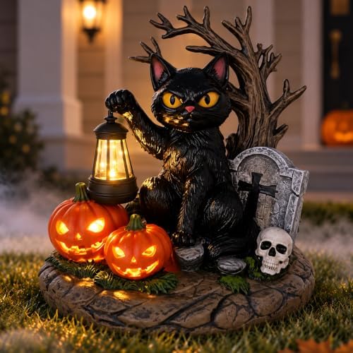 Solar Halloween Black Cat Figurine Light, Lighted Resin Cat Statue with Lantern and Pumpkin, Outdoor Garden Decor for Porch, Yard and Patio, Seasonal Landscape Decoration by HalpssfmGardenDecor-Gift