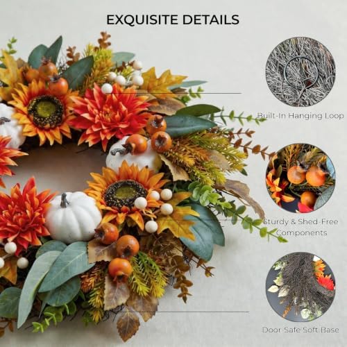 24 Inch Fall Eucalyptus Wreath for Front Door with Dahlia & Sunflower - Image 4