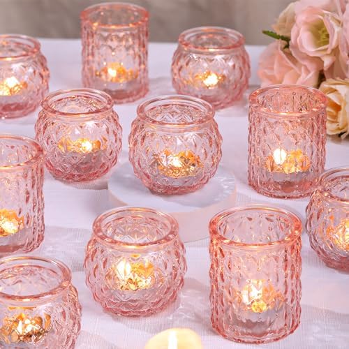 DARJEN Pink Votive Candle Holders Set of 24- Round Glass Candle Holders Bulk for Flameless LED Tea Waxes, Romantic Candle Holder for Wedding & Various Parties, Home Table Decor by DARJEN
