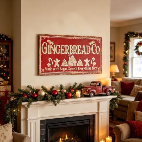 30" Vintage Metal Christmas Wall Sign - Gingerbread Co. Rustic Wall Mount Holiday Decor Distressed Wall Hanging Iron Painting Plaque Christmas Wall Art for Home Mantel Porch Bakery (Red#3) - Image 3