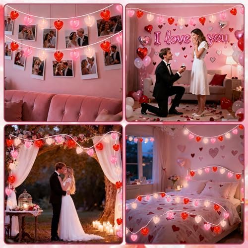 20 LED Valentine's Day Decorations Heart Lights, 12Ft Heart String Lights Outdoor Waterproof with 20 LED Red Pink White Hearts Shaped with Glitter for Room Door Windows Fence Valentines Day Decor - Image 6