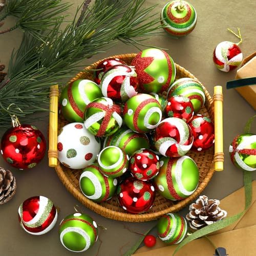 Lunmon 64 Pcs Lime Green Red Christmas Ornament Polka Dot Stripe Xmas Bulbs - Image 6