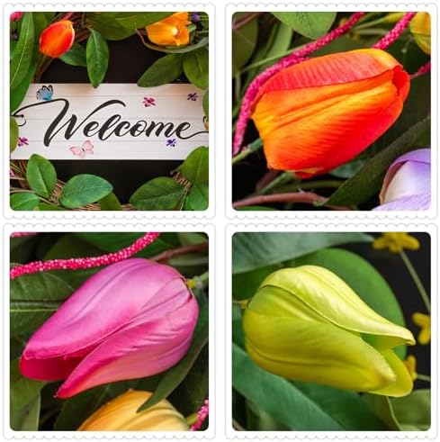 Summer Spring Wreaths for Front Door 26 Inch, Tulip Spring Summer Wreath with Welcome Sign, Artificial Floral Spring Door Wreath for Outdoor Front Door, Farmhouse Seasonal Summer Wreath - Image 4