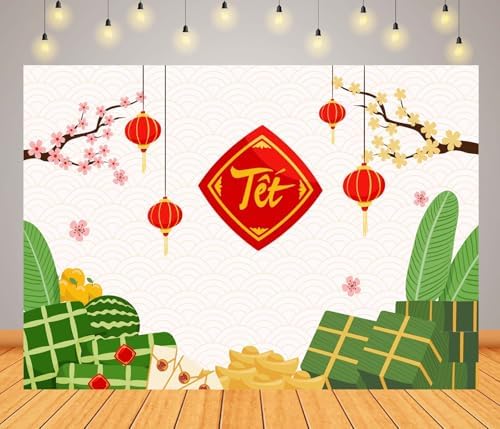 BELECO 12x8ft Fabric TET Backdrop - Happy Vietnamese New Year Backdrop with Cherry Blossoms, Lanterns & Asian Party Decorations for Photoshoot Studio Props - Image 2