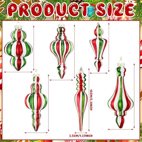 Soaoo 6 Pcs 6.3 in Red and Green Mercury Glass Finial Christmas Ornaments - Image 2