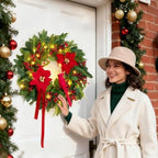 Pinkpuii Pre-Lit Christmas Wreaths for Front Door 24 Inch Christmas Wreath with Lights,Large Winter Wreath with Cardinal Birds,Poinsettia,Green Evergreen Pine Needles Red Berries Holiday Wreath Decor - Image 6