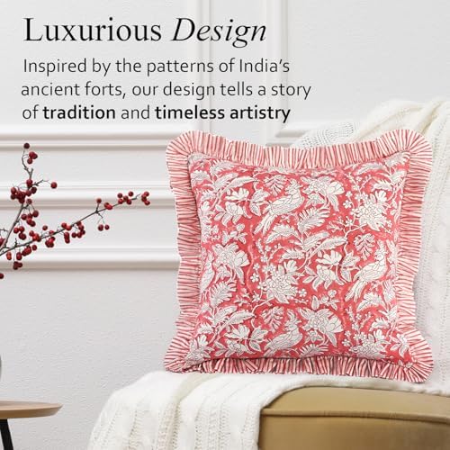 CPC Block Print Ruffle Throw Pillow Cover Pink Coral 16"x16", Pack of 2 - Image 4