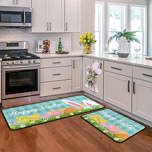 2 Pcs Easter Kitchen Rugs and Mats for Floor Non-Slip Backing Easter Eggs Bunny Mat Easter Outdoor Decorations Anti Fatigue Kitchen Rug Sets with Runner (Happy Easter 03, 17"x47.2"+17"x30") by FlippanaDirect
