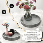 Modern Table Round Decorative Trays 2pcs Home Decor - Circle Coffee Table Centerpiece Set 12"/10" - Wooden Cool Grey Ottoman Tray with Fluted Edge - Image 5