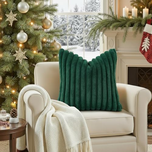decorUhome Fall Faux Fur Throw Pillow Covers 24x24 Set of 2 Christmas Green - Image 4