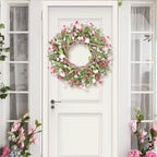 26" Spring Wreaths for Front Door Artificial Floral Wreath with Wildflowers Portulaca CHEAWRTZ Summer Easter Decorations for Indoor Outdoor Window Wall Farmhouse Porch Home Decor Cherry Blossom Pink - Image 3