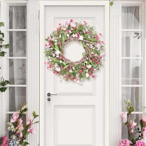 26" Spring Wreaths for Front Door Artificial Floral Wreath with Wildflowers Portulaca CHEAWRTZ Summer Easter Decorations for Indoor Outdoor Window Wall Farmhouse Porch Home Decor Cherry Blossom Pink - Image 3
