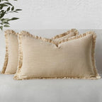 MIULEE Boho Linen Fringe Decorative Lumbar Throw Pillow Covers Beige 12x20 by MIULEE