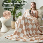 Snuggle Sac Checkered Throw Blanket Faux Fur Microfiber Blankets for Couch,Reversible Soft Cozy Warm Blanket for Sofa Bedroom,Cute Lightweight Striped Throws for Women,Heather Beige,60x80 inches - Image 2