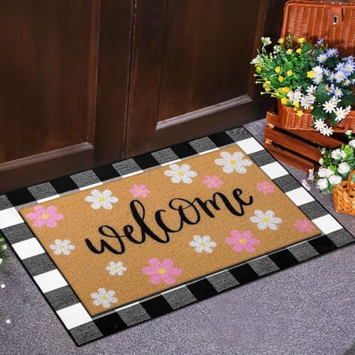 Tinideya 2 Pcs Spring Door Mat Outdoor Layered Pink Flower Welcome Mat - Image 4