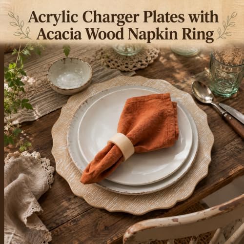 24 Pcs 13" Wooden Textured Charger Plates with Napkin Ring, White - Image 6