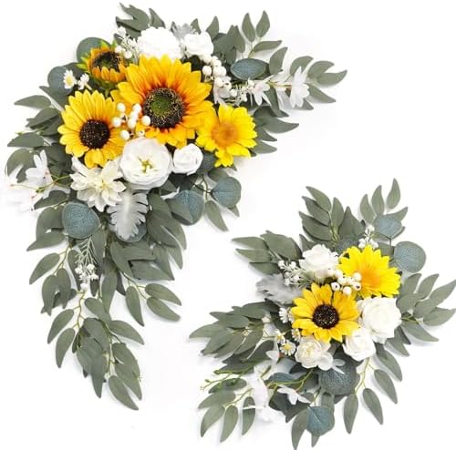 Faux Flower Swag Set of 2 for Wedding Welcome Signs Floral Swag Wedding Reception Ceremony Signs Decor (Sunflower & White) by Piklado